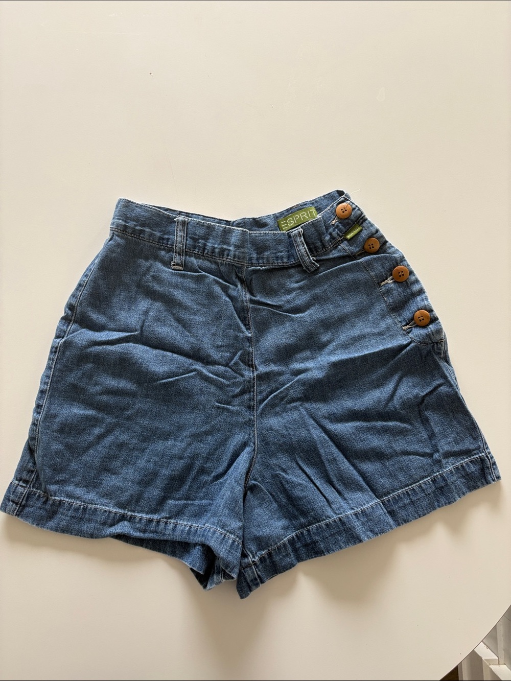 Vintage Esprit High-Waist Denim Shorts with Side Button Detail - Blue
